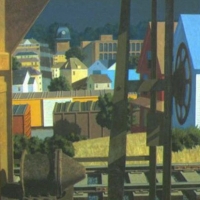 Freights in Afternoon Sunlight. 1981, 52” x 52”, oil on canvas, Collection Cynthia Livingston