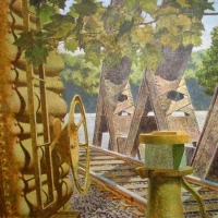 <p><strong>Riverscape with Freight</strong>,  2001, 49 ½” x 50”, acrylic on canvas, Collection Don and Jennifer Bacon.</p>