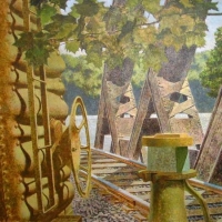 Riverscape with Freight, 2001, 49 ½” x 50”. Collection Don and Jennifer Bacon.