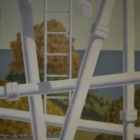 Moon Through Radiotelescope Structure, acryiic on canvas, 2022, 48" x 36"