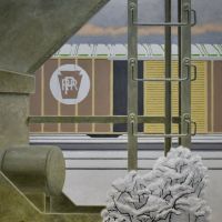 Freightyard in Winter, acrylic on canvas, 2020, 45 3/4" x 48" 