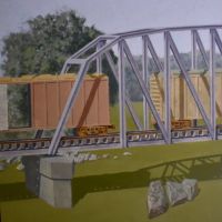 Freights on Bridge, acrylic on canvas,  2019, 51" x 48"