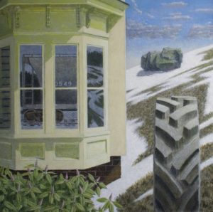Painting of a house bay window reflecting a train, beside a snow-covered hill with a large tractor tire in the foreground.