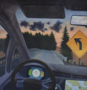 View from a car interior at dusk, showing a road, a bridge, and a yellow left-turn warning sign.