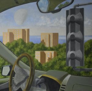 View from inside a car looking through the windshield at tall apartment buildings, trees, and a large moon in the sky.
