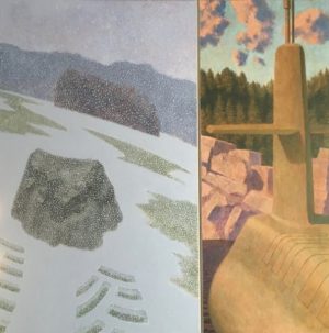A split image showing a snowy landscape with boulders on the left and a submarine near a forested shoreline on the right.