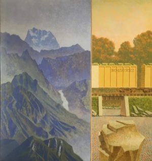 A diptych showing a mountain range on the left and a yellow freight train crossing a bridge on the right.