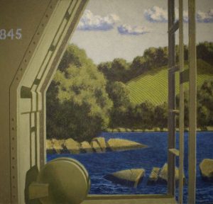 View of a lake and green hills seen through an open industrial frame marked with the number 845.