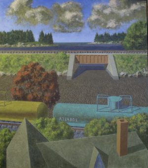 A landscape painting of railway tank cars in front of a bridge, a body of water, and a forest.