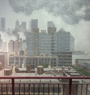 Pointillist painting of a city skyline seen from a balcony during a snowstorm.