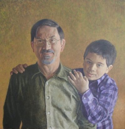 An oil portrait of a middle-aged man with glasses and a goatee, with a young boy resting a hand on his shoulder.