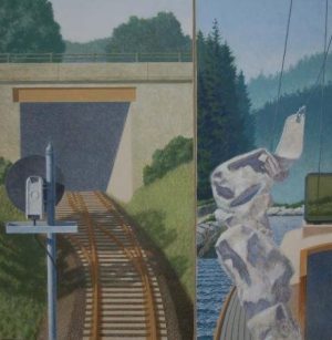 A split-panel painting showing train tracks leading into a tunnel on the left and a boat near a rocky shore on the right.