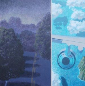 A split-view image of a dark, forested road on the left and an airplane wing flying over blue water on the right.
