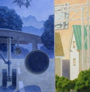 Split-screen painting: a jet engine over a runway on the left, and a house near a water tower on the right.