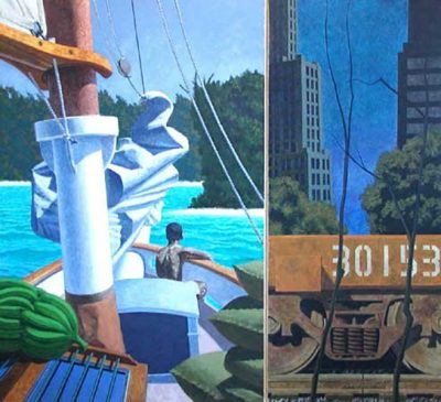 A diptych showing a boat deck on the left and a train car against a cityscape on the right.